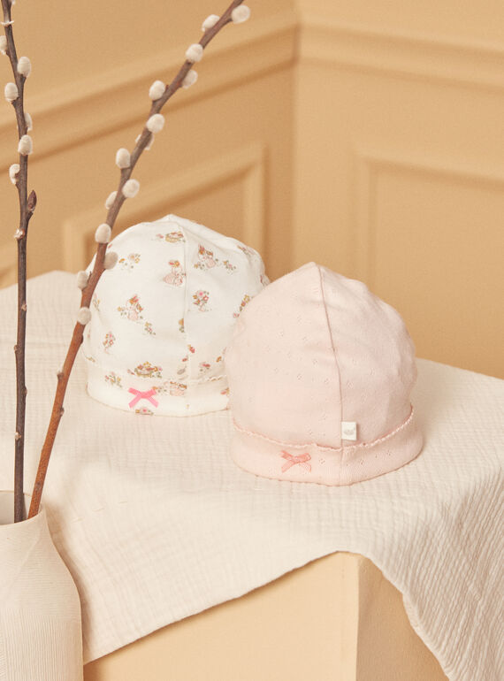 2 bonnets de naissance écru et rose en coton LOREEN / 24H0AF11BNA001