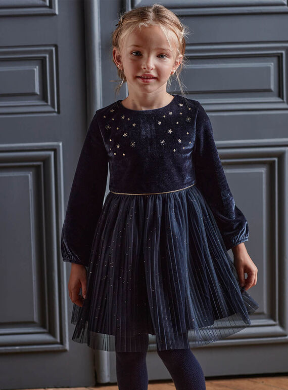 Robe bleu foncé plissée en velours et tulle enfant fille BIUROBETTE / 21H2PFR2ROB070